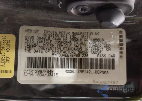 2011 Toyota Corolla Le from USA, damaged, VIN 5YFBU4EE7BP001230